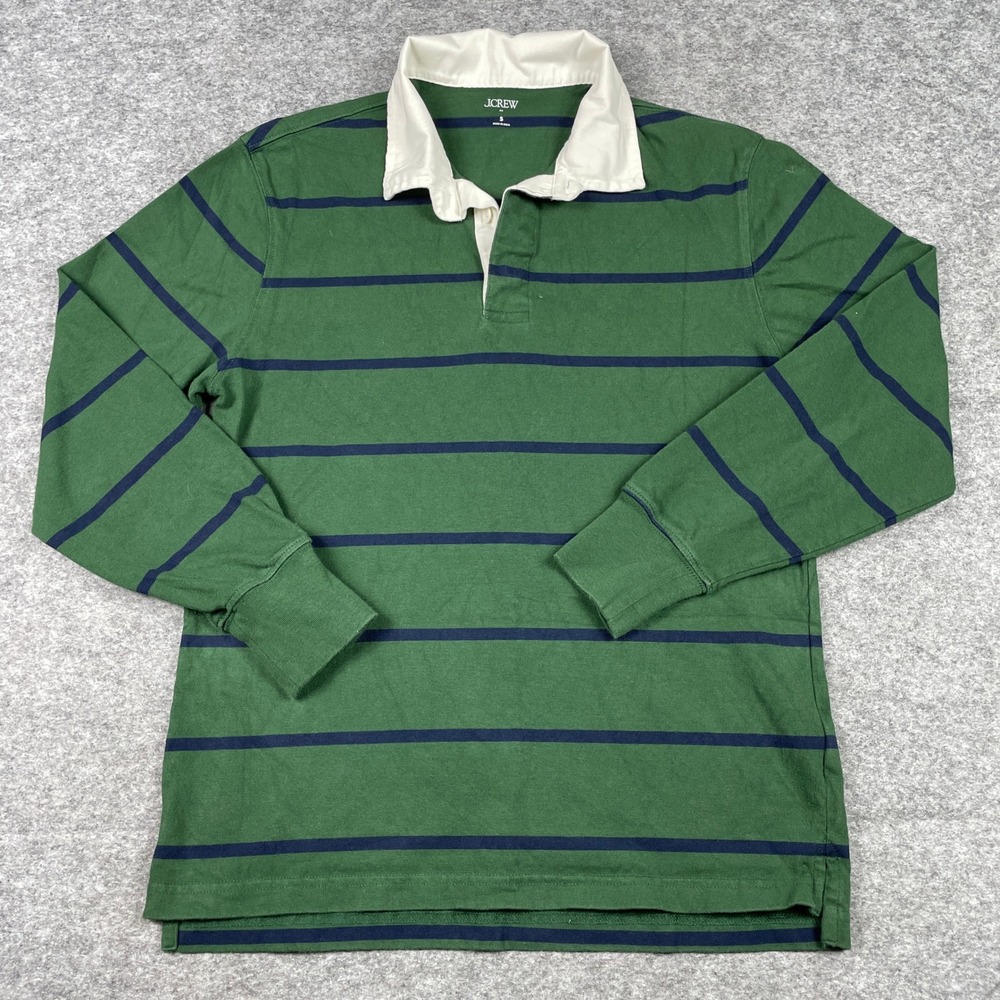 J.Crew Rugby Shirt Mens S Green Striped Long Sleeve Cotton Preppy Classic Banger